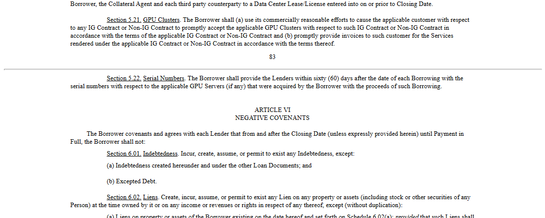 Page 83 of the DDTL 2.0 credit agreement as filed, showing Section 5.21 GPU Clusters and Section 5.22 Serial Numbers.