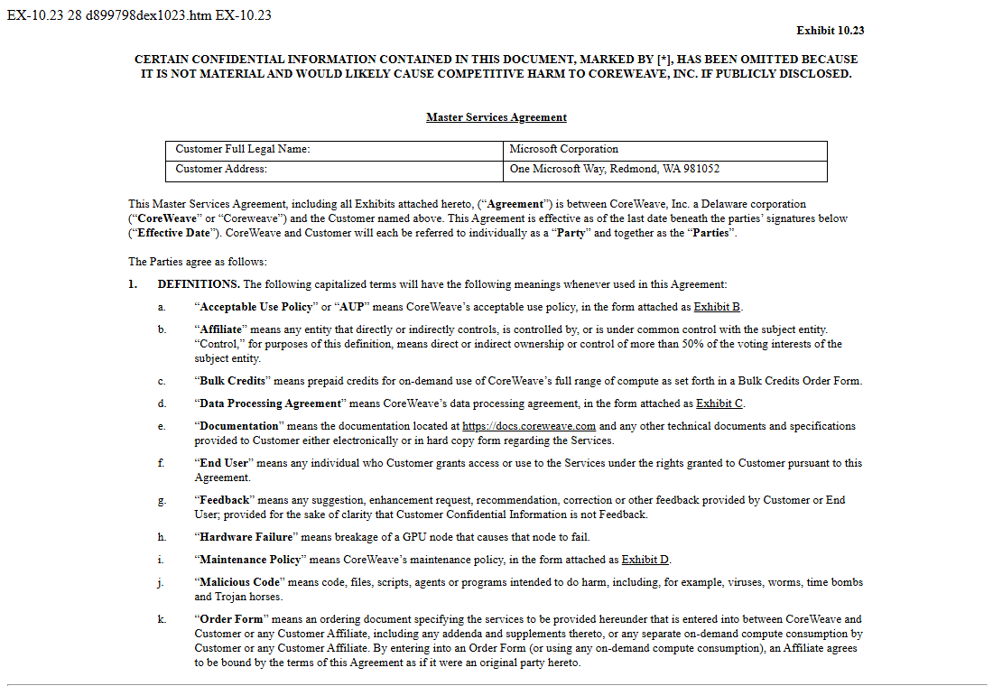 The first page of the CoreWeave–Microsoft Master Services Agreement as filed on EDGAR, showing the redaction legend, Microsoft Corporation as customer, and the opening definitions.