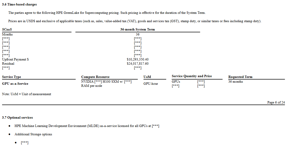The pricing schedule from the Soluna–HPE statement of work as filed: GPU as-a-Service, NVIDIA H100 SXM, priced per GPU-hour over a 36-month term, with rates redacted and the upfront payment shown.